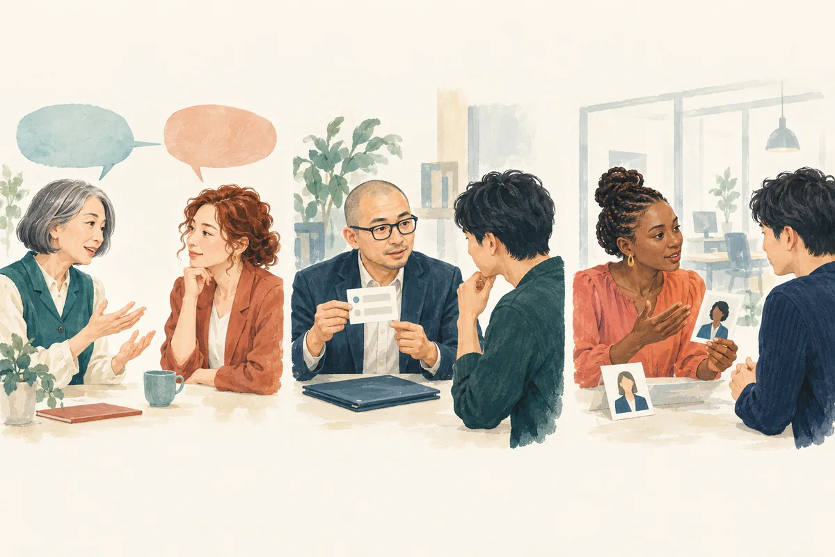 言語の相談、回答できる範囲、代わりの推薦者について話す三つの架空の場面