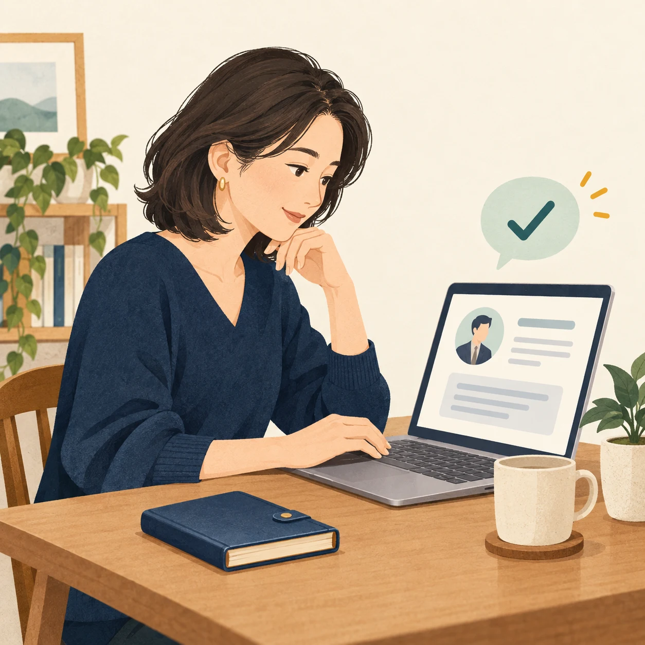 推薦者への依頼内容を確認している架空の応募者と、承諾を表す吹き出しのAI生成イラスト