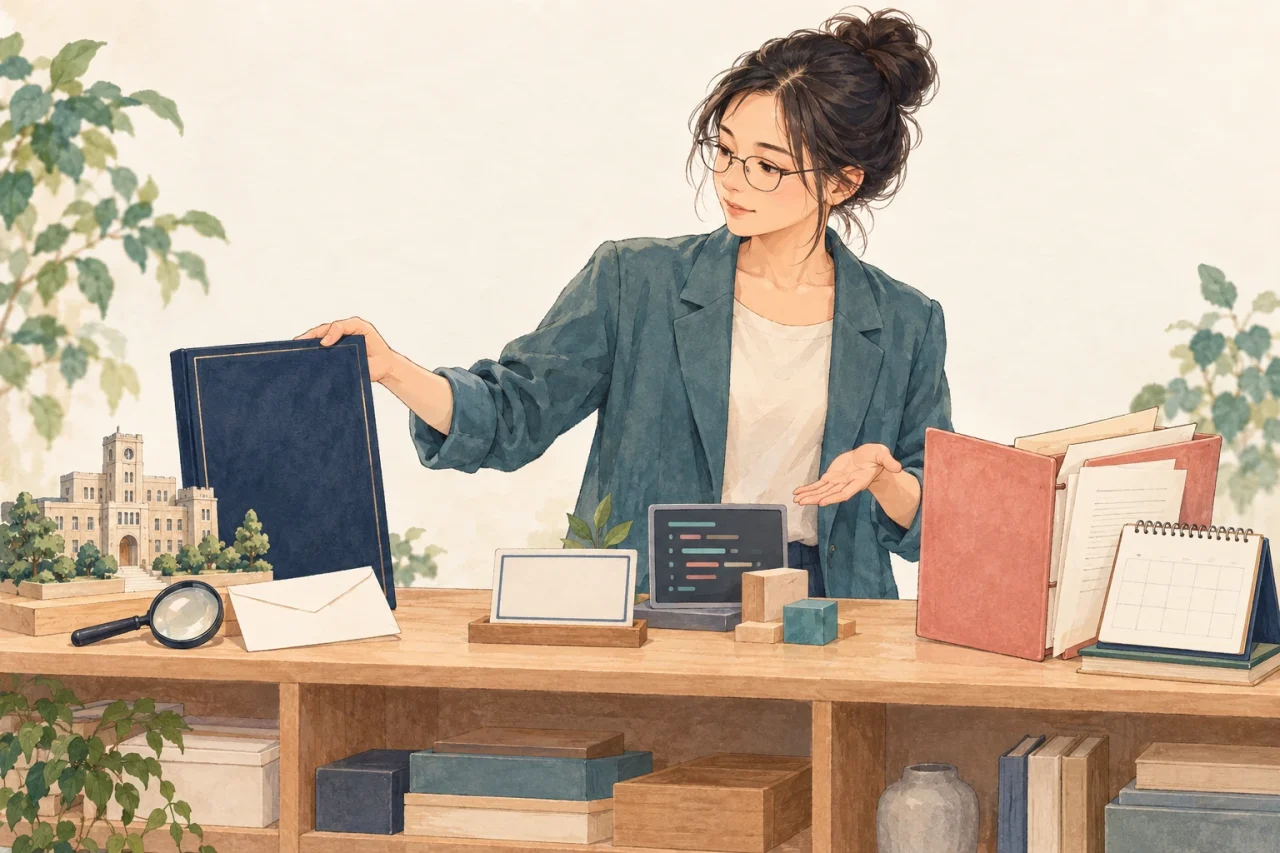 学位の資料、短期講座の修了と学習成果、在学中の記録を分け、学校への照会も考える架空の応募者