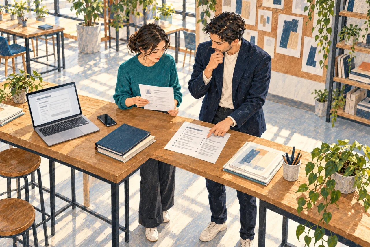 求人資料を知人と確認しながら、社員紹介と本人の応募手続きを分けて考える架空の成人応募者