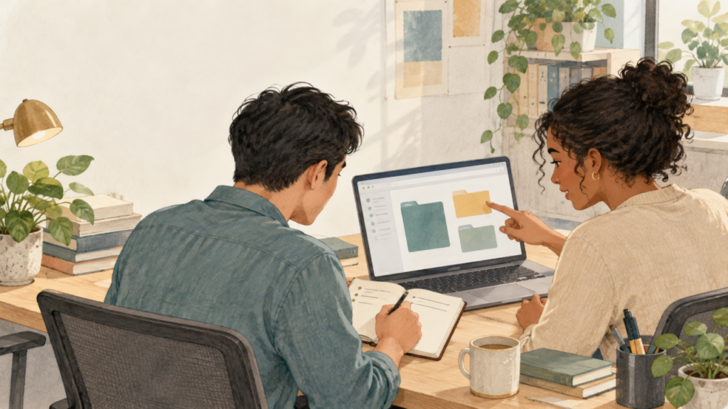 初日のデスクで、新人が同僚と資料の場所を確認するイラスト