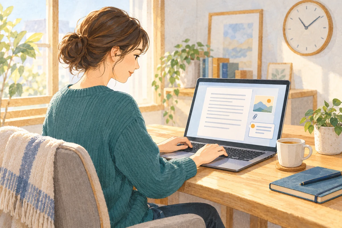 保存された文書と添付資料を読み、自分の勤務時間に返答する成人女性のイラスト