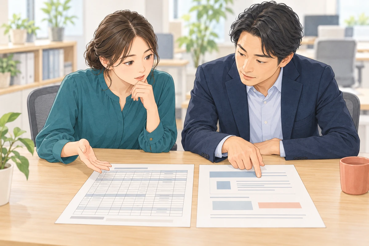 詳細な集計表と判断用の要約を並べ、成果物の用途の違いを確認する社員と上司