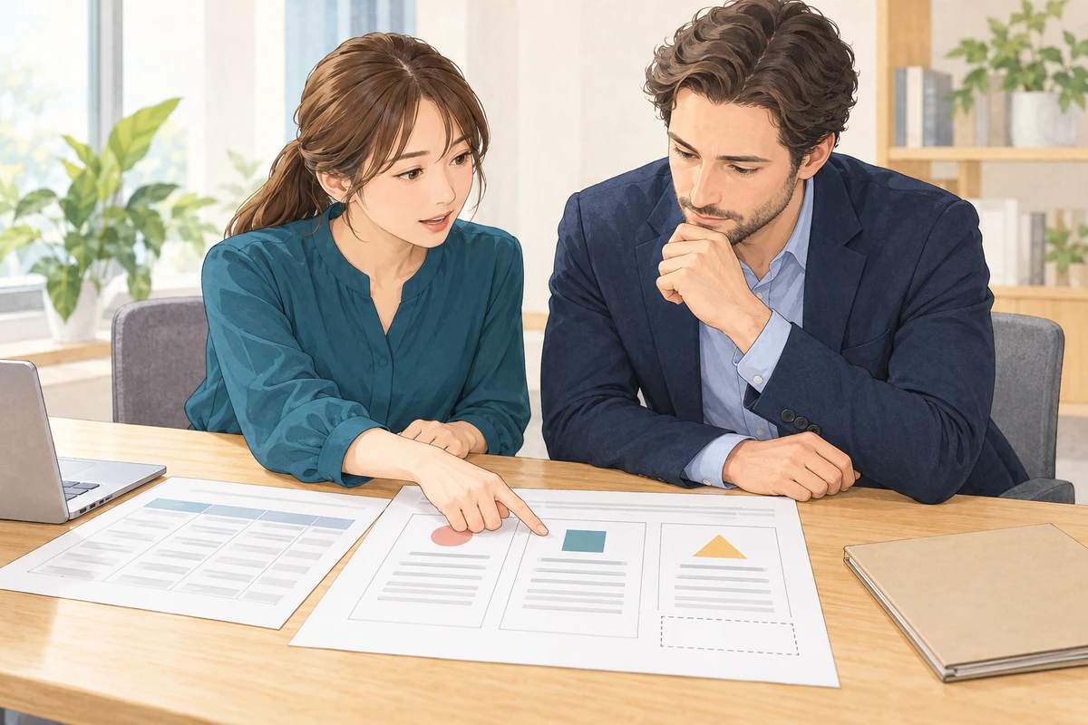 3つの欄がある比較用の要約と根拠表を見ながら、必要な内容を確認する架空の光とAlex