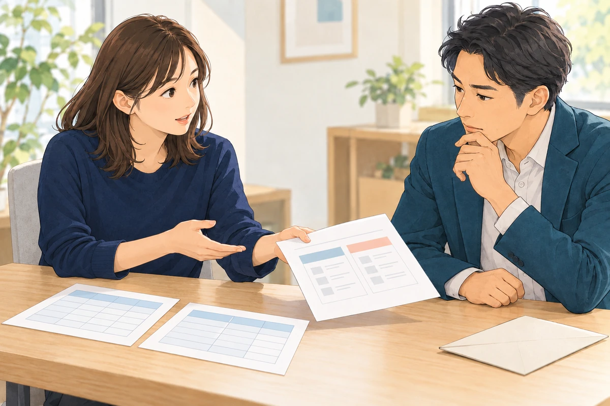 図表の形式は自分で整え、比較範囲の変更は上司へ確認する成人社員