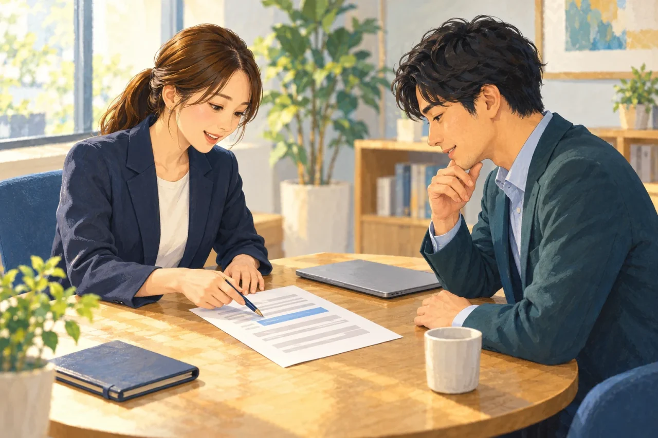提案書の一箇所を指し、同僚と確認する二人