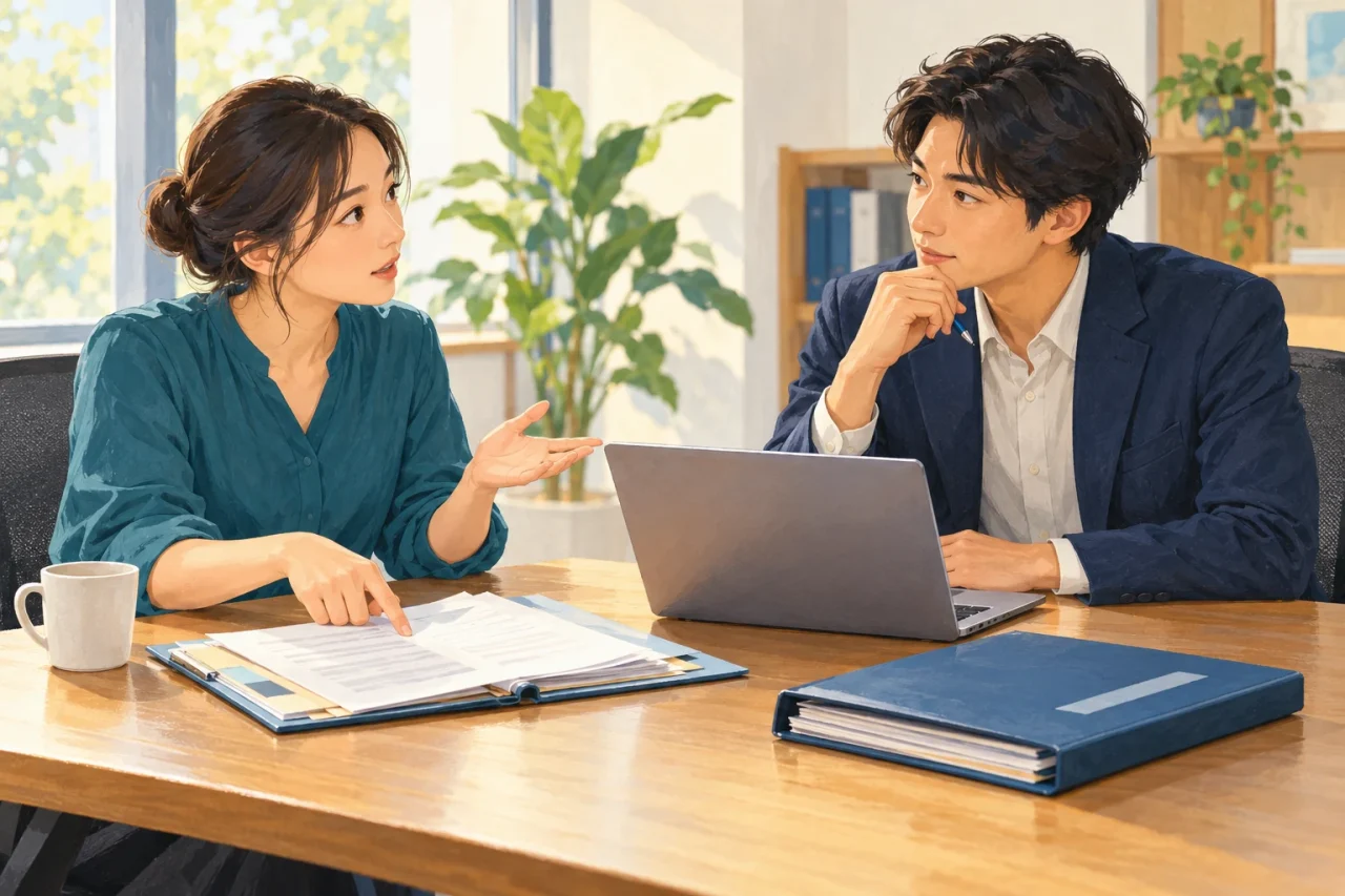 下書きと完成した資料を前に、言葉の意味を確かめる二人