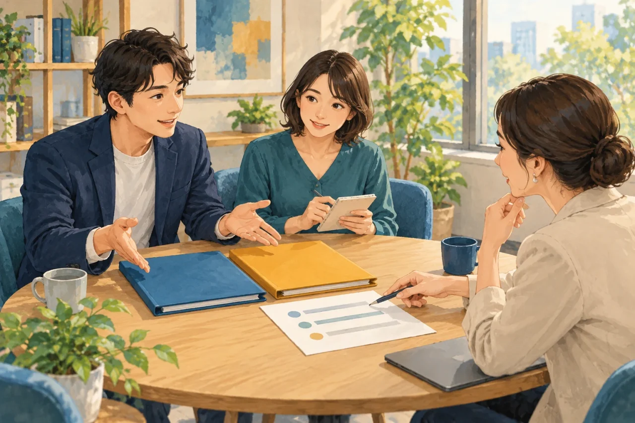 二つの案と未決の論点を持ち、責任者へ相談する同僚