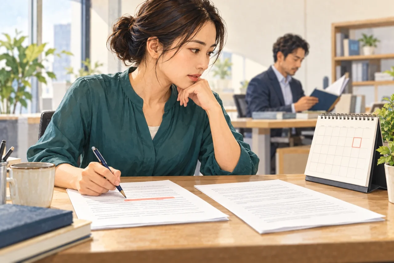 途中の確認で受けた指摘を直し、次の面談までの予定を確かめる成人社員