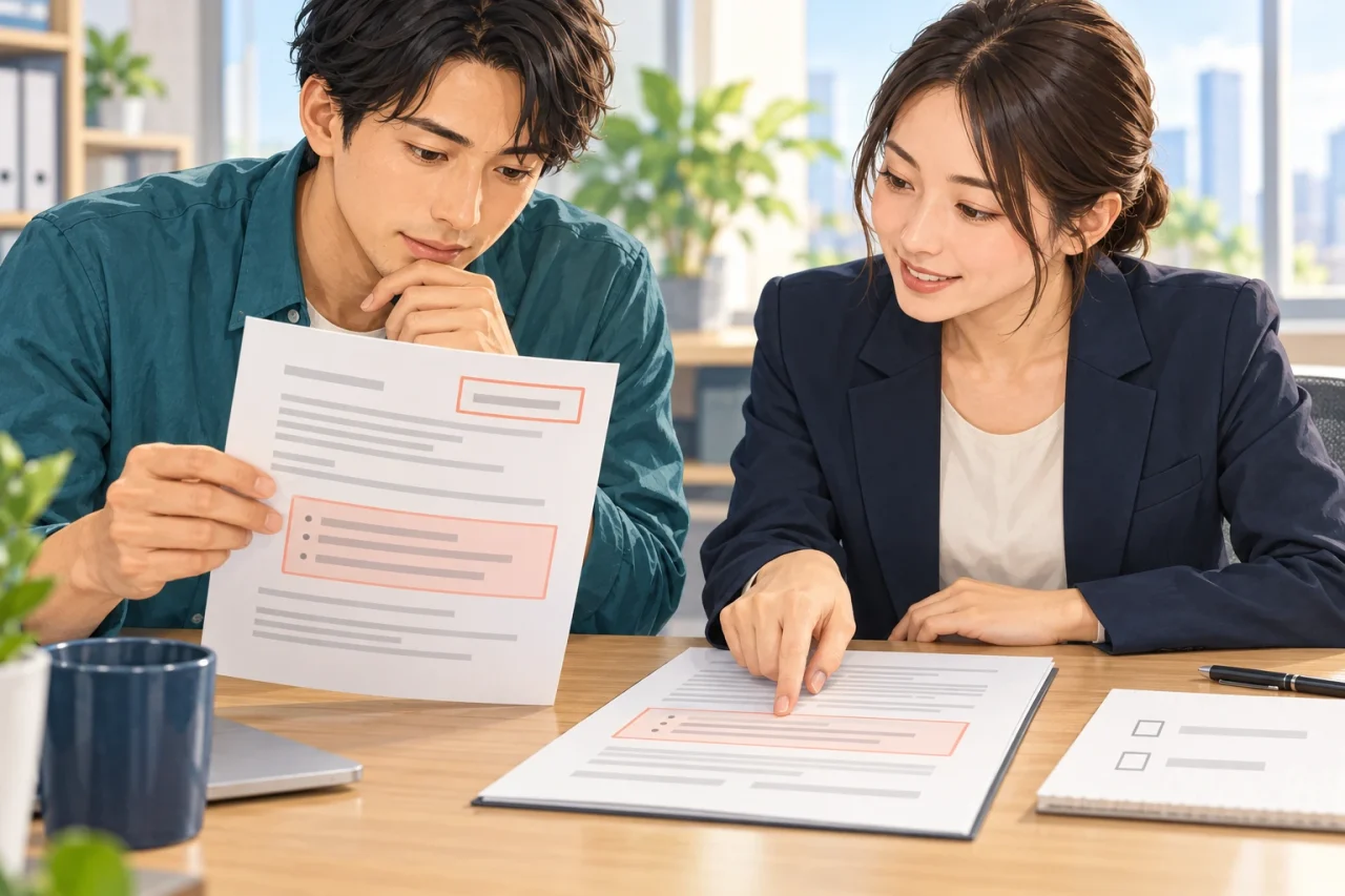 通知内容を契約と照合し、適用日と今後の条件を人事担当者へ確認する社員