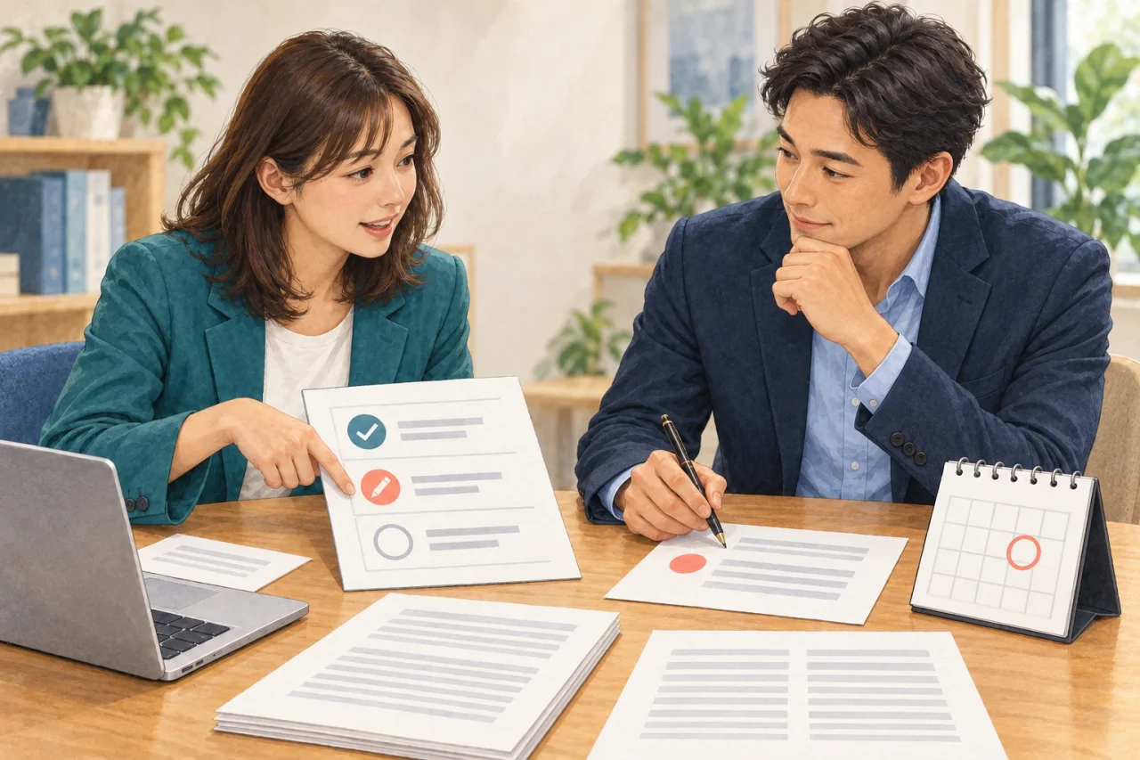 社員と上司が、仕事の記録の完了項目と修正点を見ながら、次の面談日を相談するAI生成イラスト