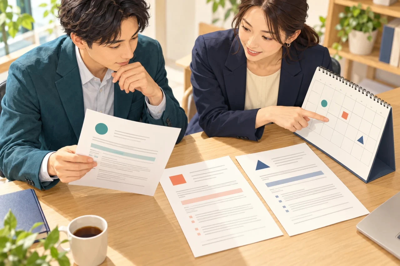 契約書と会社の案内を見比べ、試用終了日と評価・通知の日程を確認する社員と人事担当者