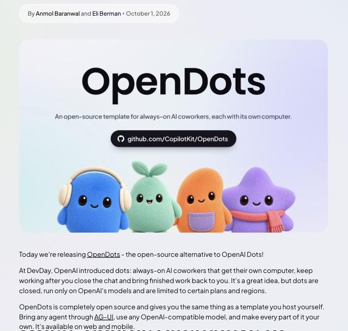 CopilotKitが公開したOpenDotsの紹介ページ