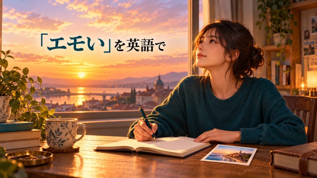 夕日の窓辺で写真とノートを前にペンを持つ人