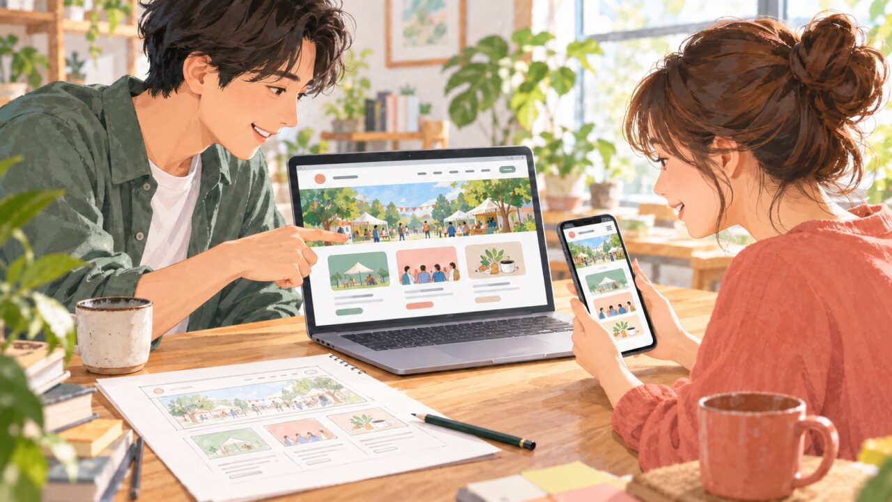 PCとスマートフォンで自分たちのWeb作品を確かめる学習者の生成イラスト