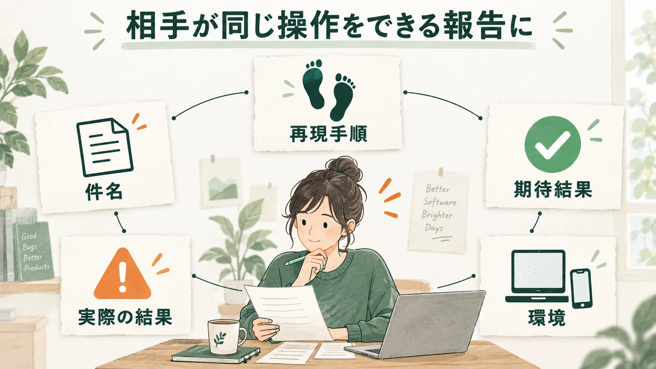 英語のバグ報告に必要な件名、再現手順、期待結果、実際の結果、環境の5項目