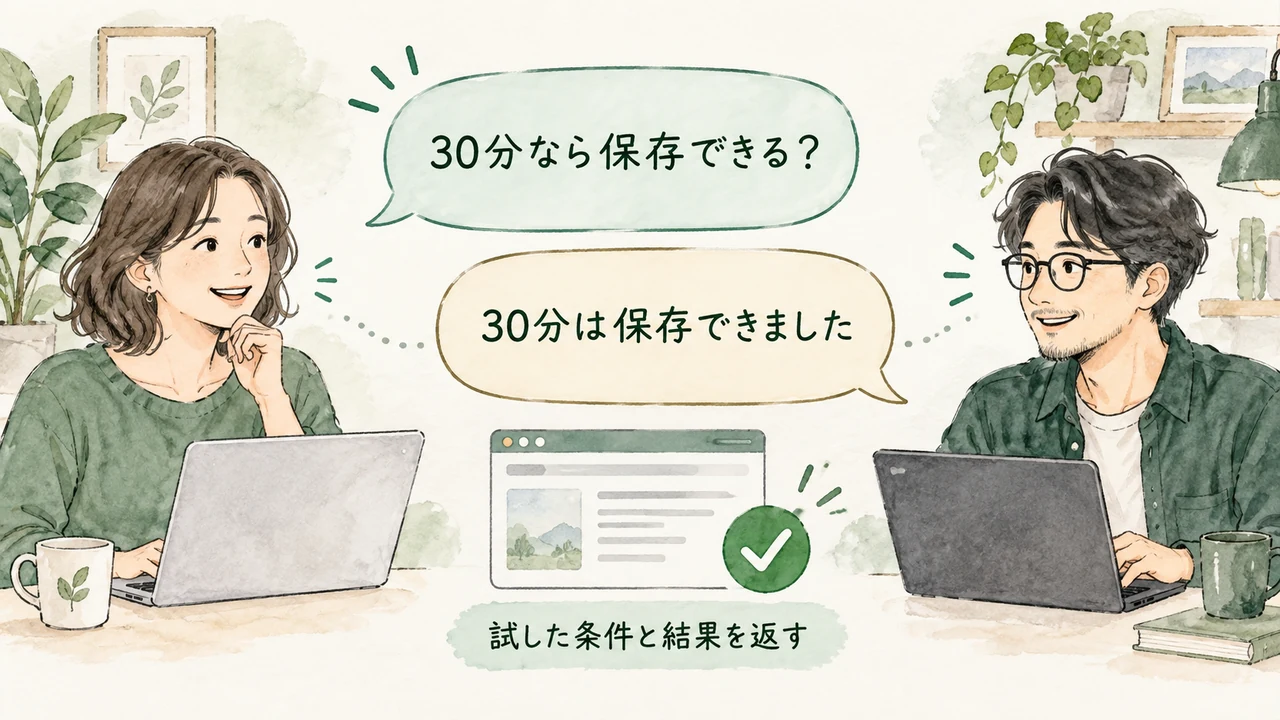 30分なら保存できるかという追加質問に条件と結果で答える会話の図解
