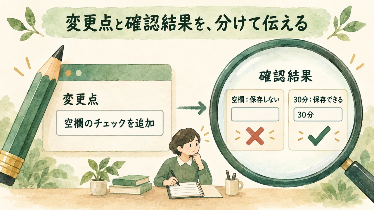 変更点と確認結果を分けて伝えるコードレビュー返信の図