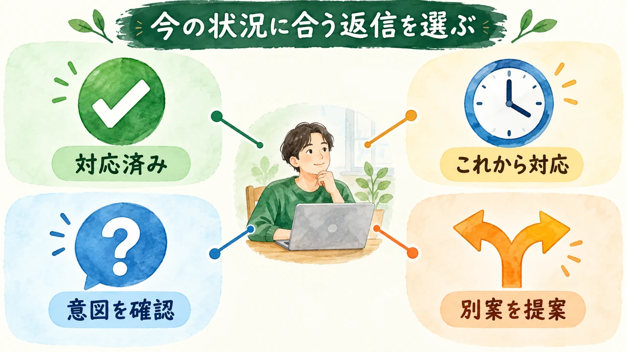 レビュー返信を対応済み・対応予定・意図確認・代案の4つに分けた図