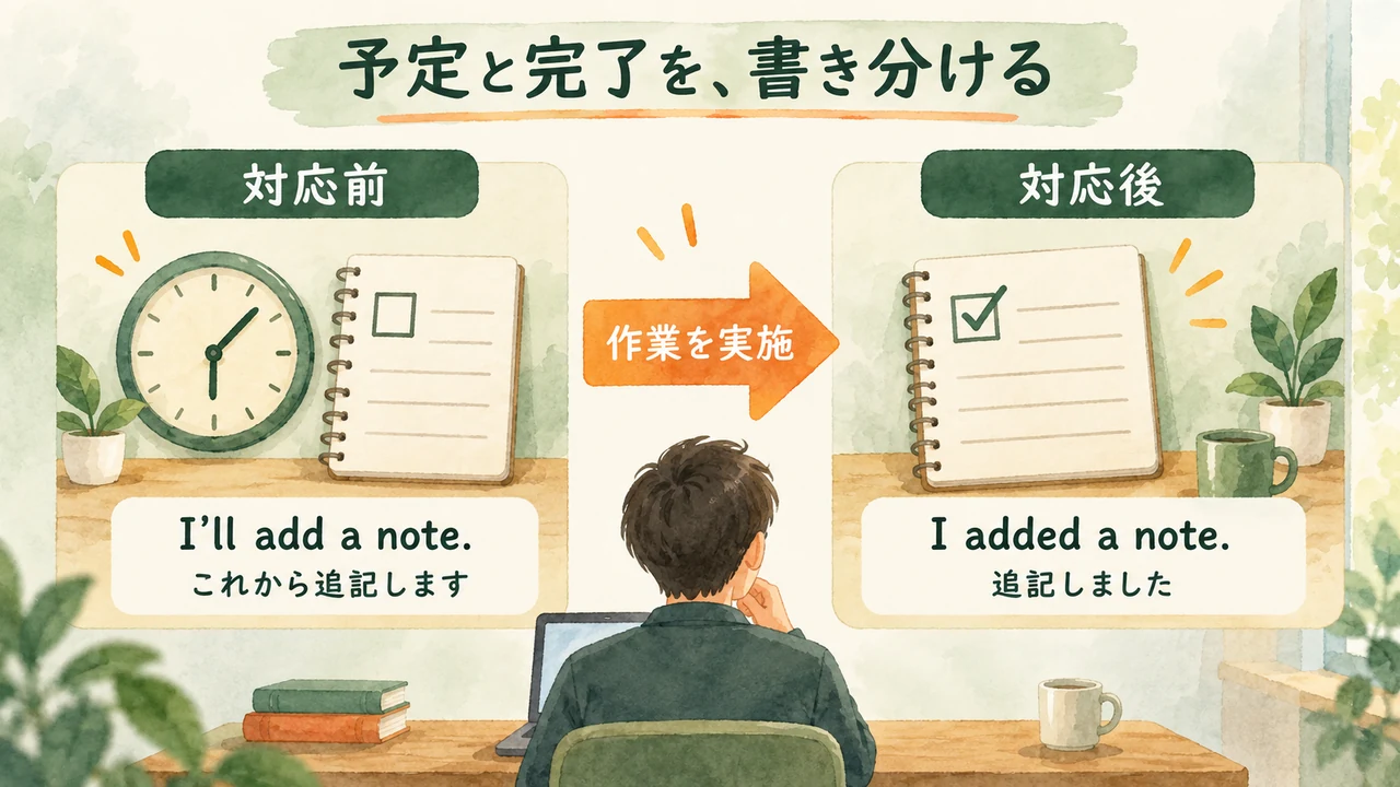 対応前の予定と対応後の完了を伝える英語の比較