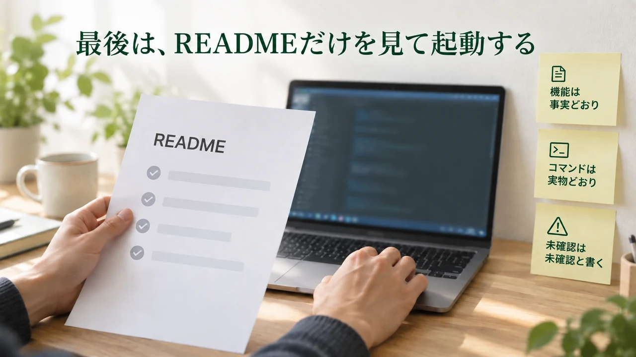 説明書と実際の機能・コマンド・確認範囲を照合するイメージ写真