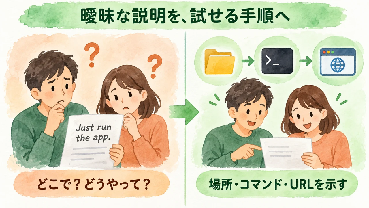 曖昧な起動説明に場所、コマンド、URLを加える改善例