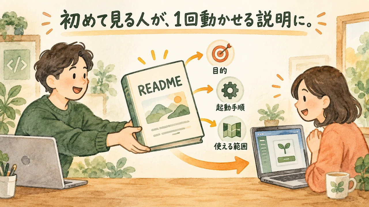 READMEで目的、起動手順、使える範囲を初めて使う人へ伝える図解