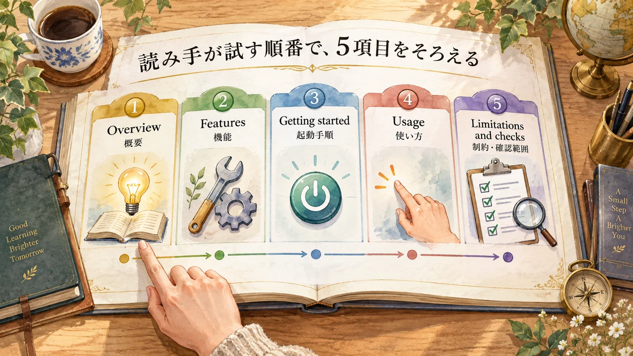 READMEの概要、機能、起動手順、使い方、制約と確認範囲の5項目