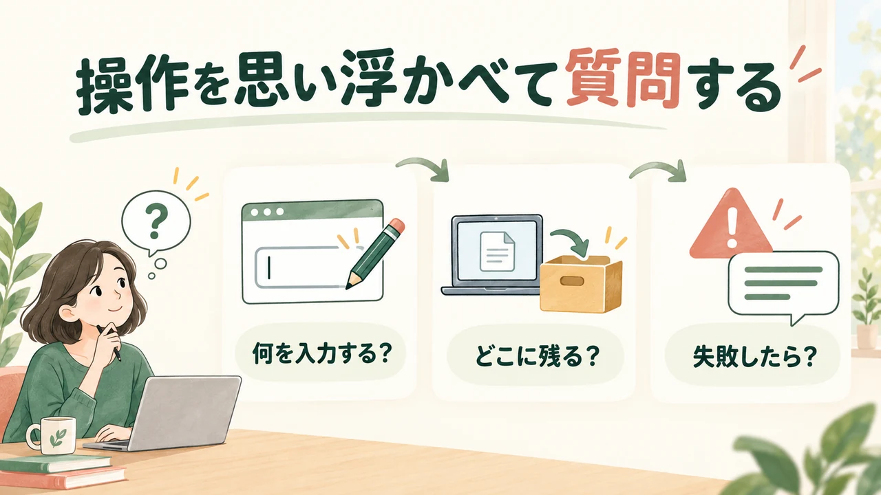 入力、保存、失敗時の案内を質問するイラスト