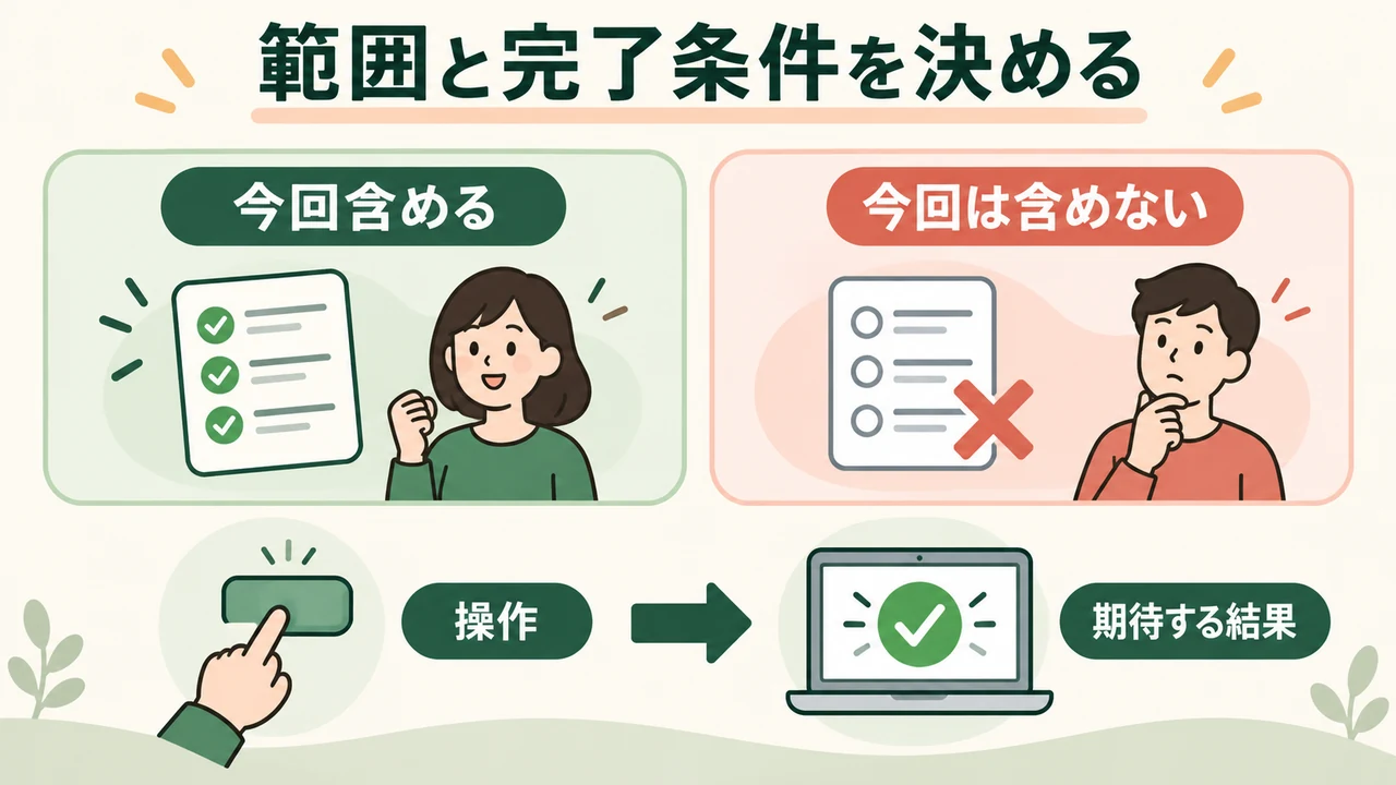 作業に含める範囲と含めない範囲、操作と期待結果を整理する図