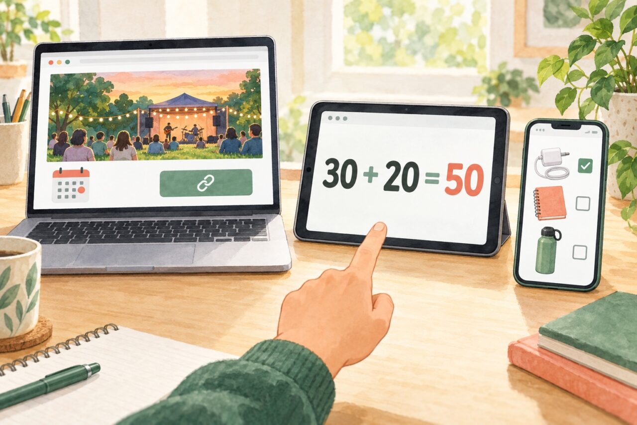 案内ページ、学習時間の計算、持ち物リストという三つの小さな作品例