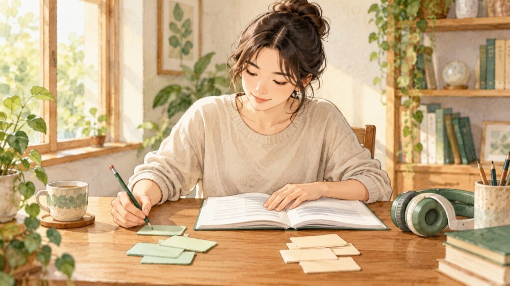 教材とカード、音声を組み合わせて英熟語を学ぶ人物のイラスト