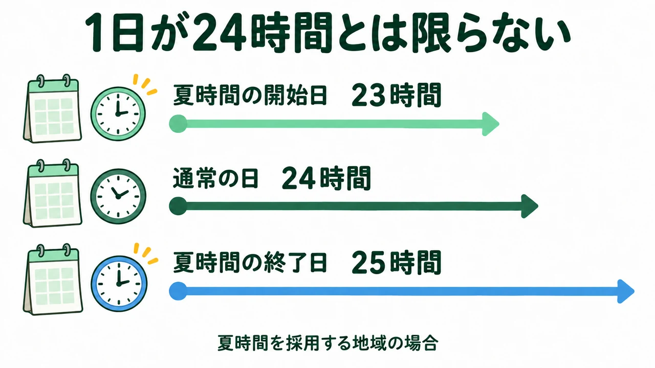 夏時間を採用する地域では1日が23時間や25時間になる場合を示す図