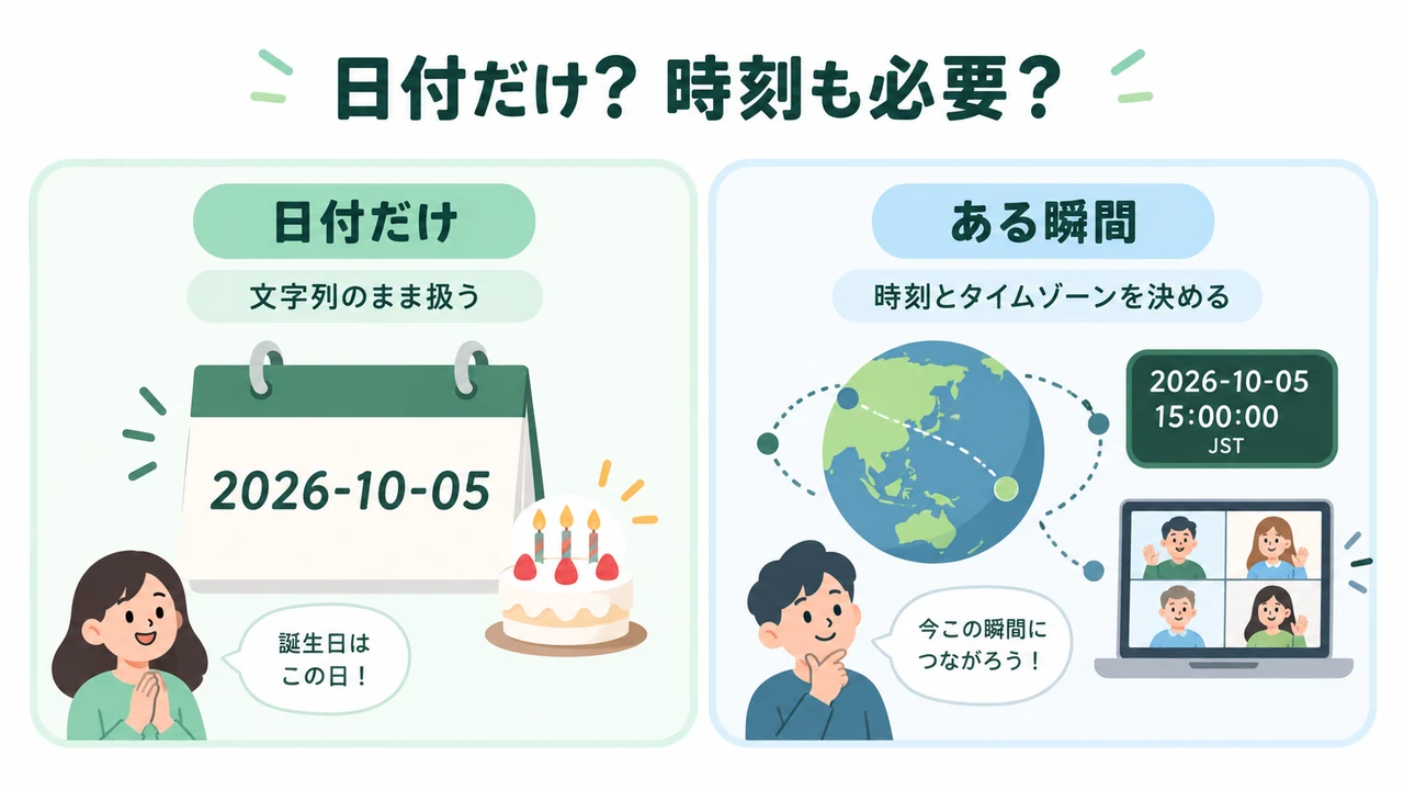 誕生日などの日付とオンライン会議の日時を分けて考える図