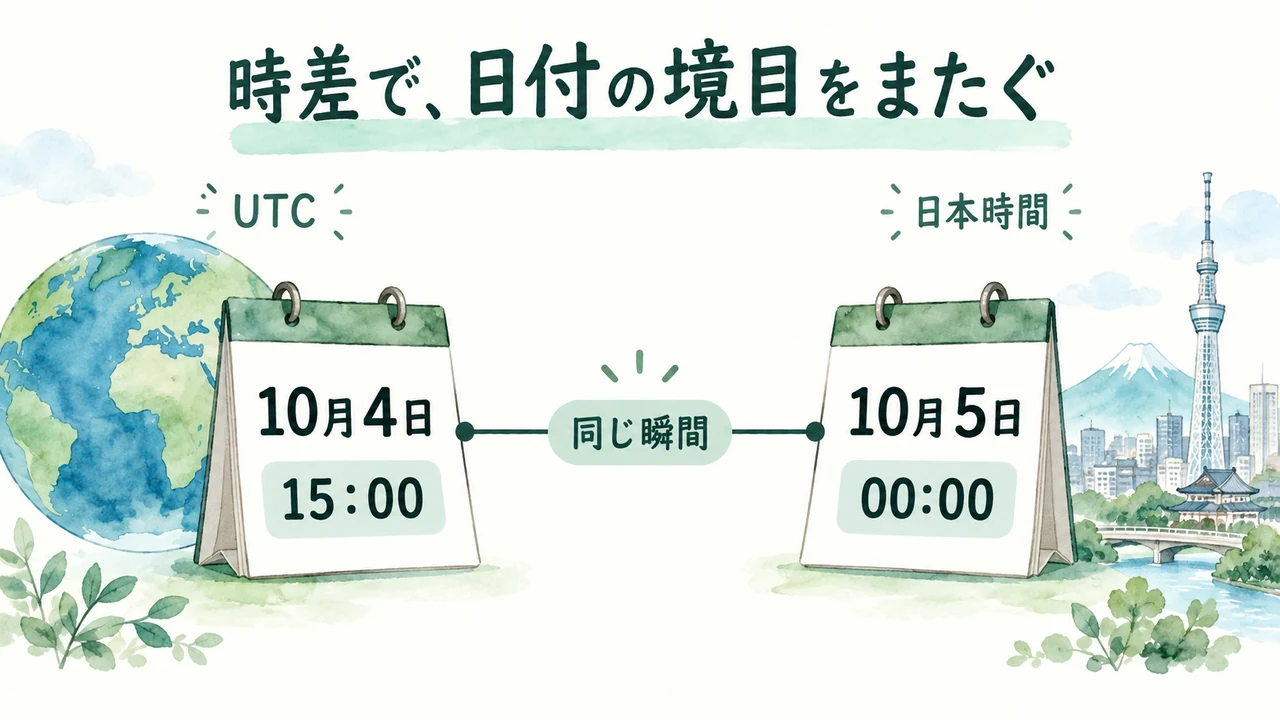 UTCの10月4日15時と日本時間の10月5日0時が同じ瞬間を表す図