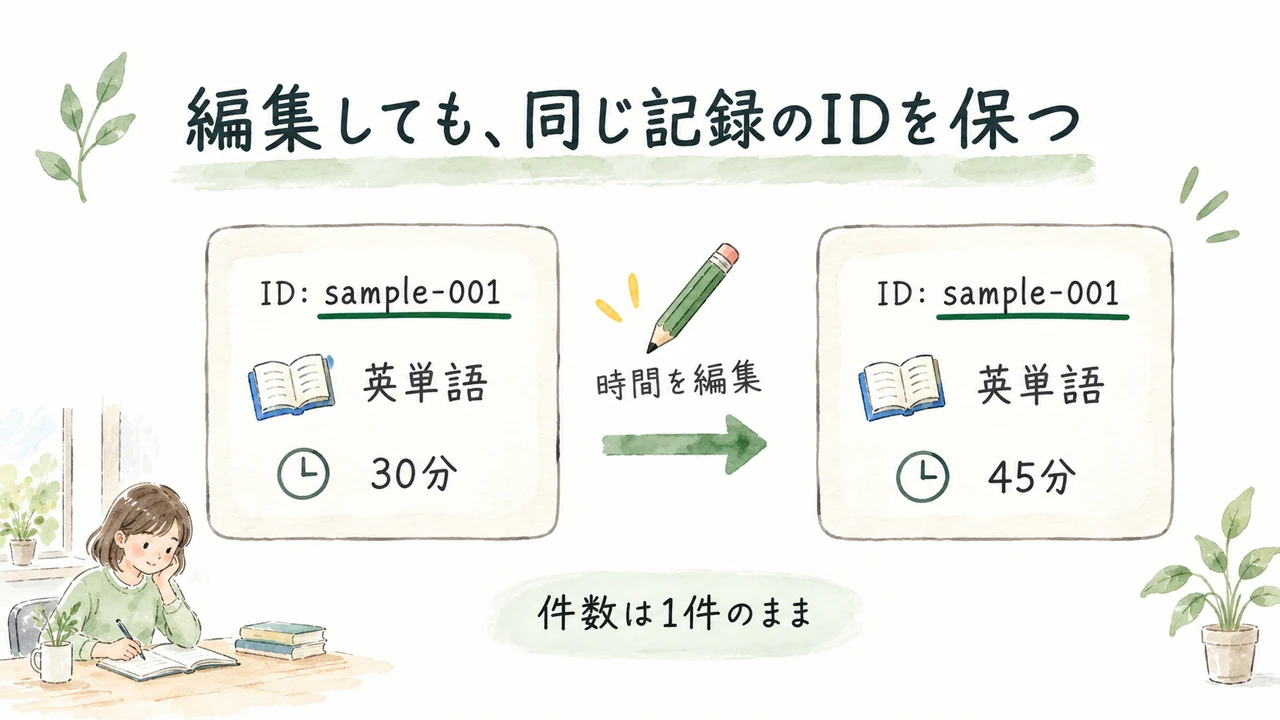 同じIDの学習記録を30分から45分へ編集し1件のまま保つ図解