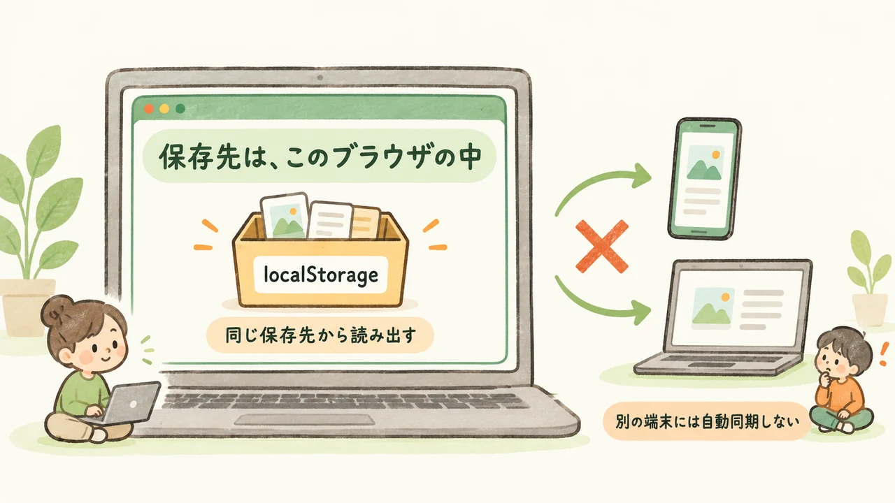 localStorageはブラウザ内に保存し別の端末には自動同期しない仕組み