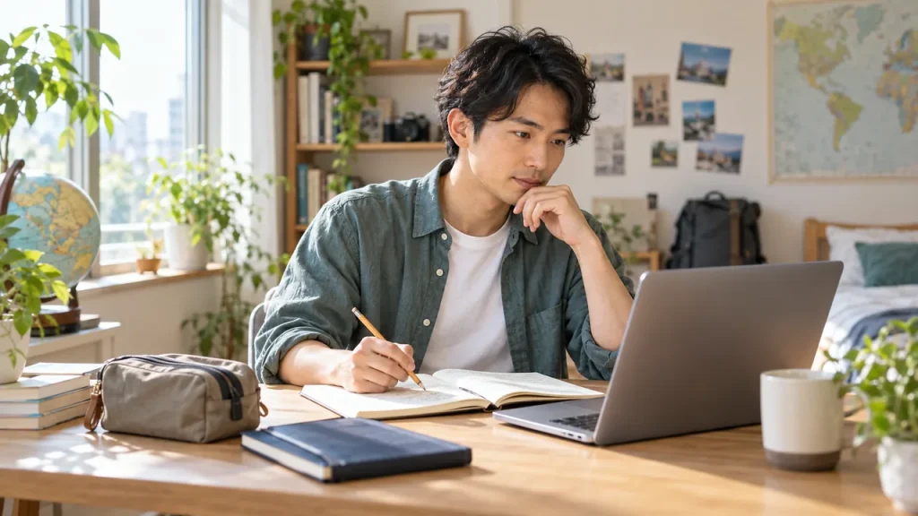 帰国後の転職に向けて求人票と経験メモを整理する社会人のイメージ（AI生成）
