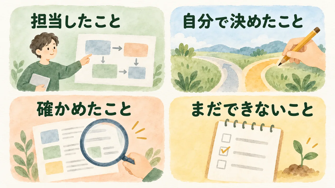 担当、判断、確認、まだできないことを分けて経験を説明する4つの視点