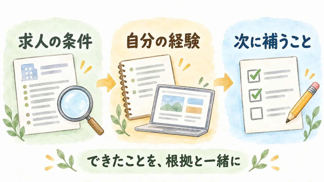 求人の条件と自分の経験を照合し、次に補うことを選ぶ流れ