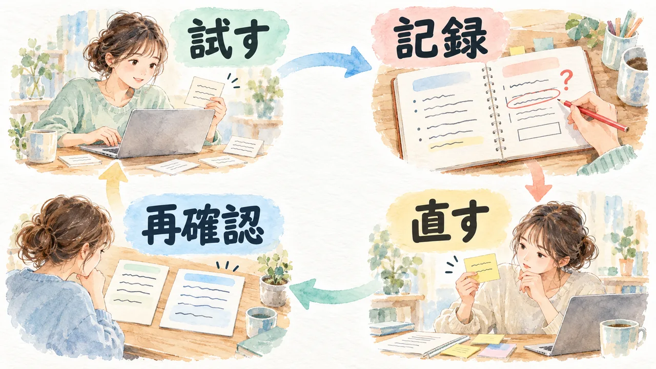 試した結果を記録し、一つ直して同じ条件で再確認する水彩図