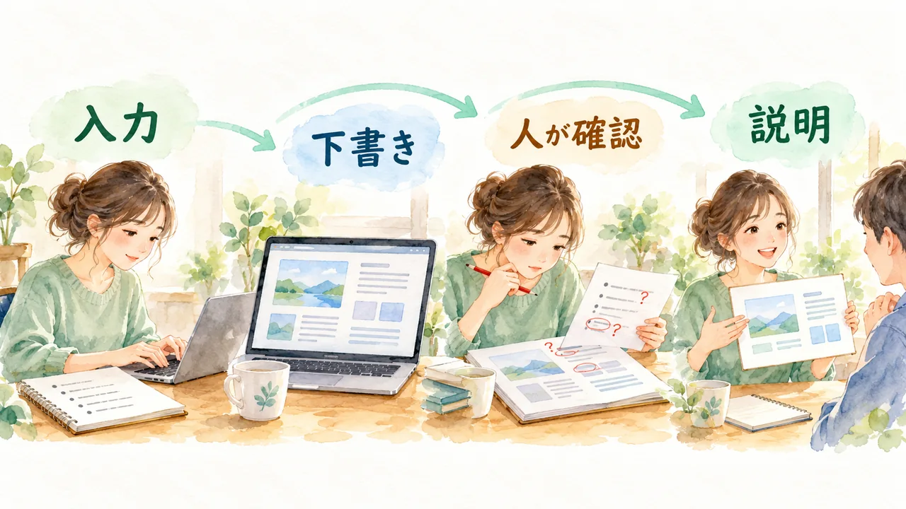 入力したメモからAIの下書きを作り、人が確認して説明資料へつなげる水彩図
