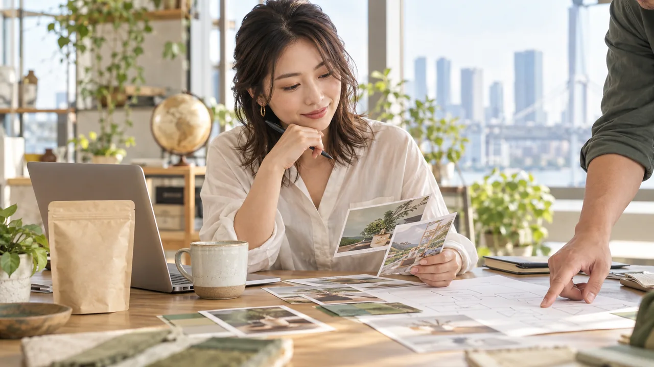 海外企業のAIマーケティング事例を参考に企画と検証メモを整理する社会人のイメージ（AI生成）