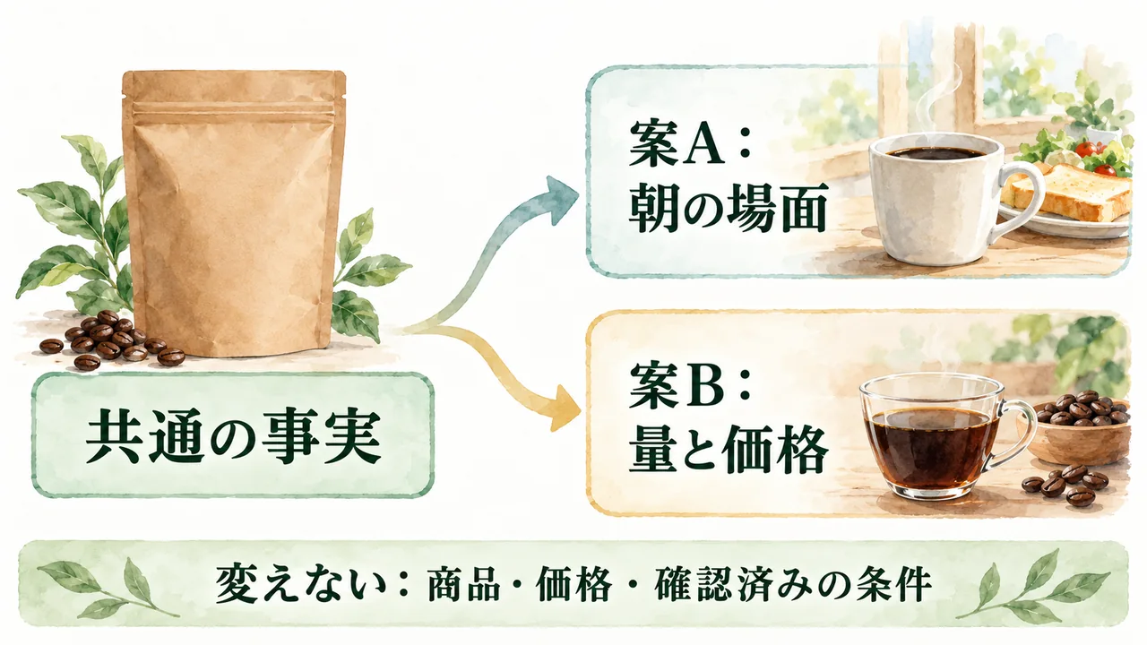 一つの商品の事実を固定し、二つの訴求案へ分けて確認する流れ