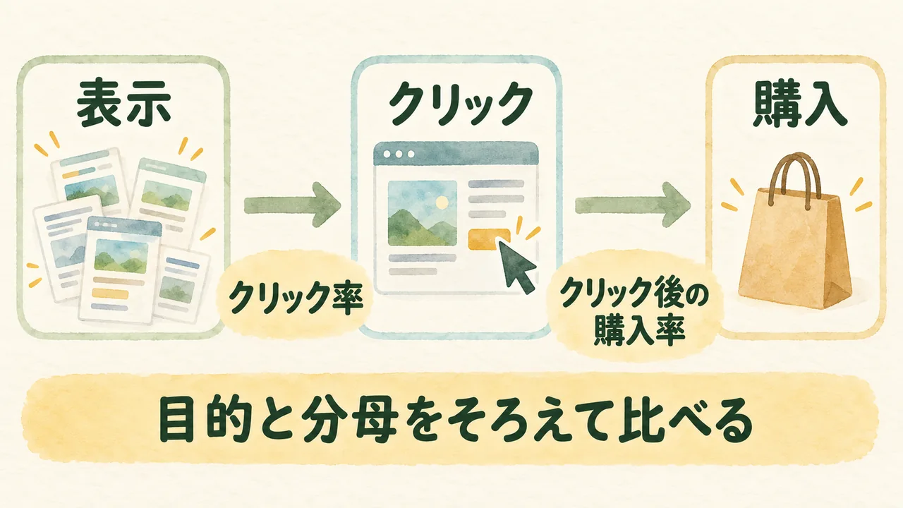 広告表示からクリック、購入へ進む段階を分けて数字を見る考え方
