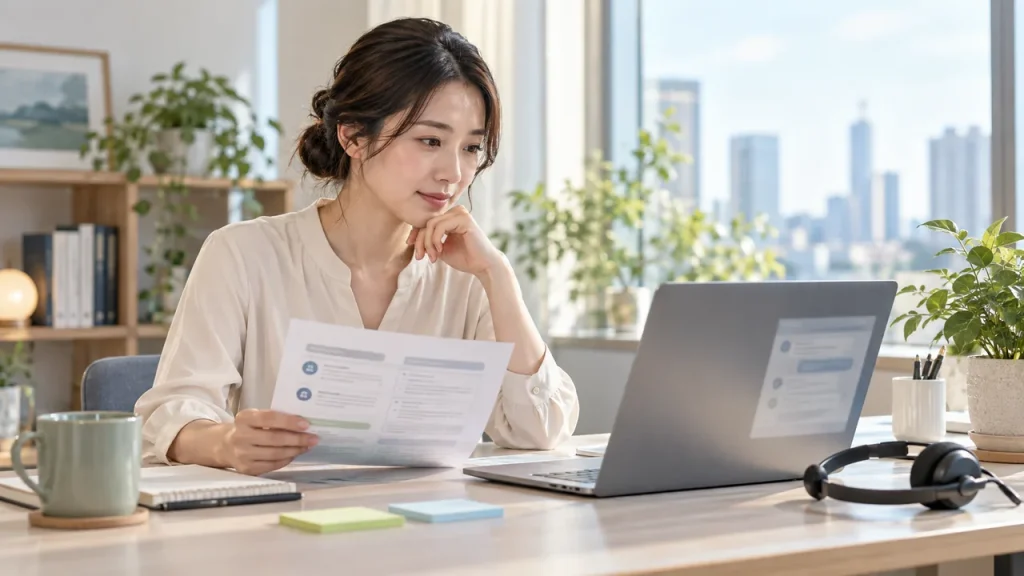 海外向けの顧客対応を想定してFAQと返信案を確認する社会人のイメージ