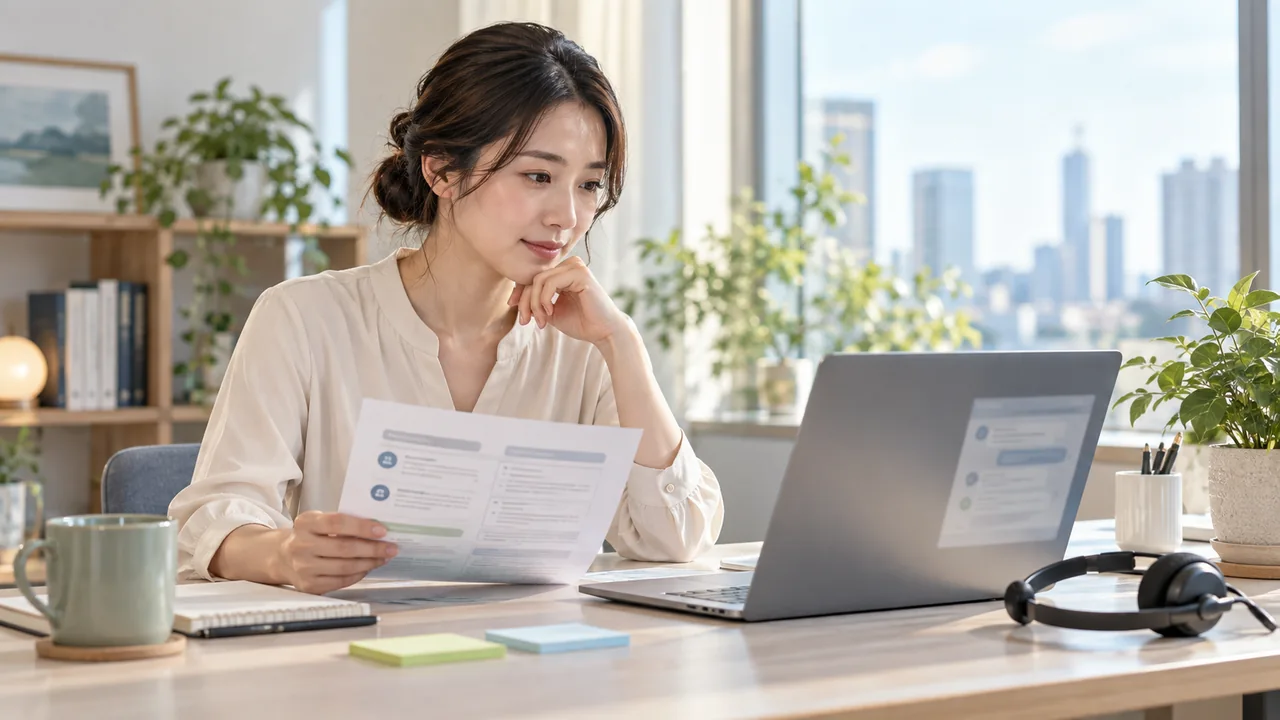 海外向けの顧客対応を想定してFAQと返信案を確認する社会人のイメージ