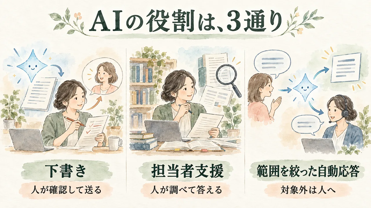 AIの下書きを人が確認する方式、担当者の資料調査を支援する方式、範囲を絞った自動応答の3場面を比べる水彩図