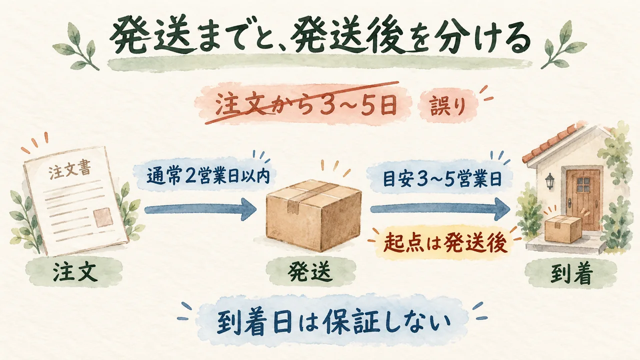 注文から発送までは通常2営業日以内、発送後の到着目安は3〜5営業日で到着日を保証しないという架空教材の水彩図