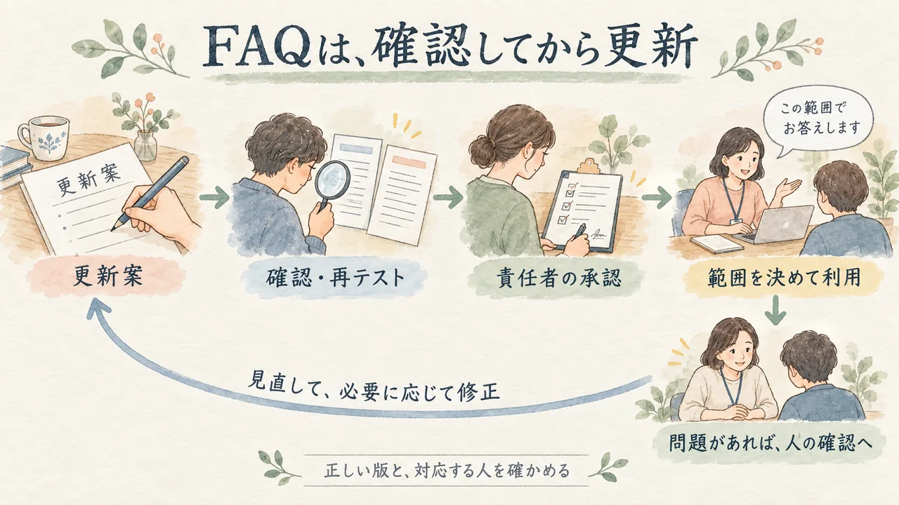 FAQ更新案を確認と再テスト、責任者の承認、限定利用へ進め、問題時は人の確認と修正へ戻す水彩図